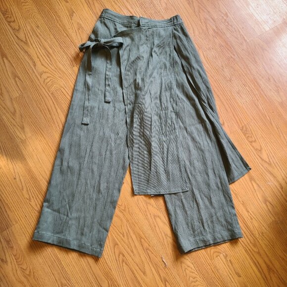 NEW NWT! ZARA WRAP FRONT SKIRTETED WIDE LEG PANTS TIE WAIST GREEN CREPE sz S - Picture 2 of 7